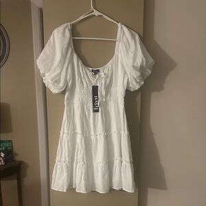 Trixxi White Puff Sleeve Tiered Mini Sundress